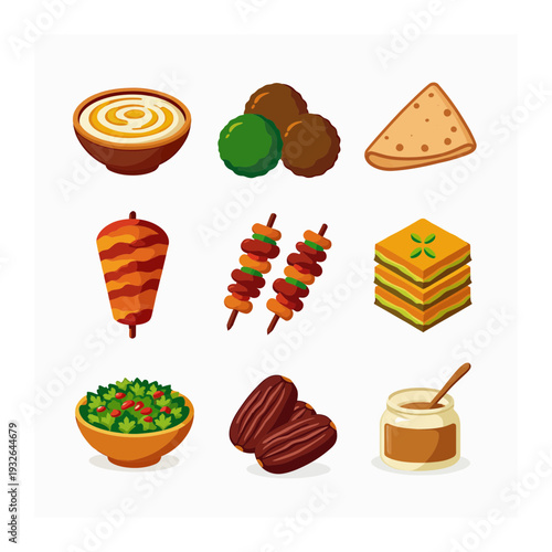 Middle Eastern Food Icons: Shawarma, Falafel, Hummus, Baklava