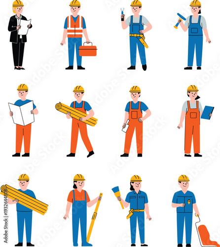 Construction Worker Character Collection with Engineers Builders Holding Tools Blue and Orange Uniforms Safety Helmets Vector Illustration Set