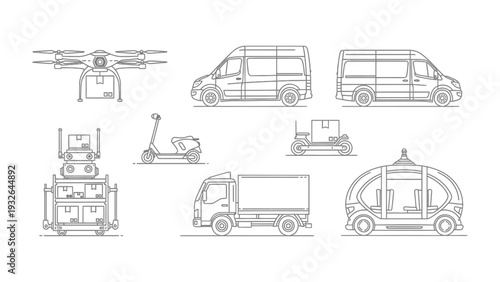 Innovative Delivery Fleet:  A comprehensive illustration of diverse delivery vehicles, showcasing the future of transportation and logistical solutions.
