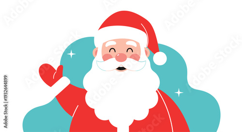 Jolly cartoon Santa Claus with a white beard and red suit waves his hand against a blue background with sparkling stars.