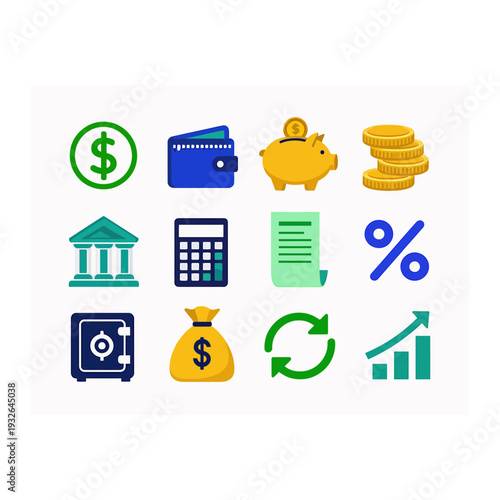Financial and banking icons, flat design, colorful icons