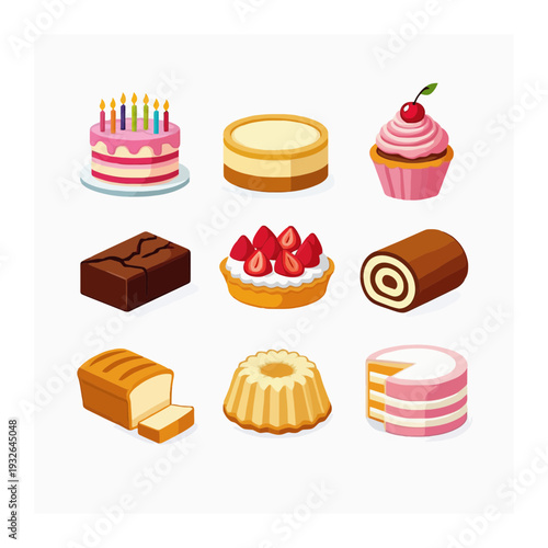 Assortment of delicious cakes and pastries, pixel art style