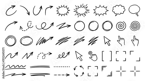 Set of 50 hand drawn doodle speech bubbles, arrows and scribble elements vector