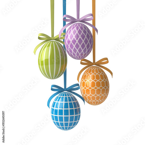 Colorful easter eggs with ribbons hanging isolated on transparent background