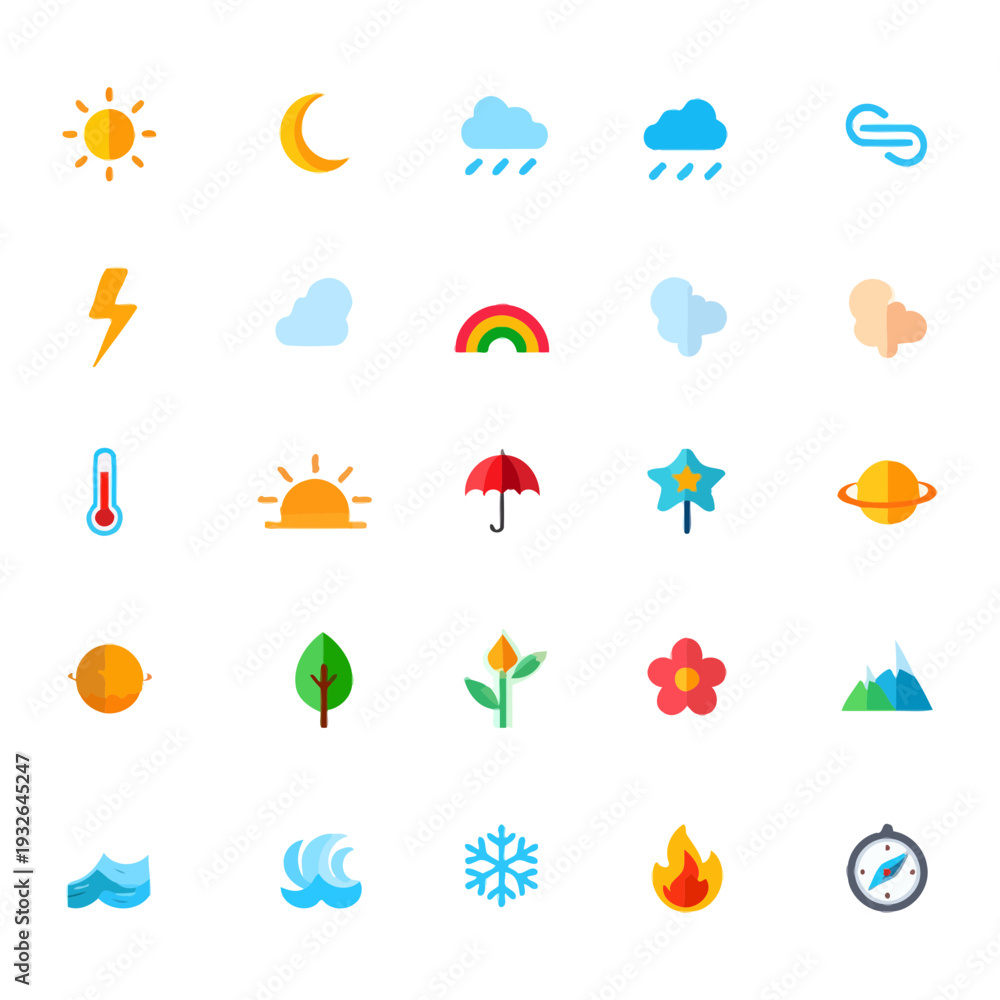 Naklejka premium Weather and Nature Icons: Sun, Moon, Rain, Snow, Fire, Wind, Flowers
