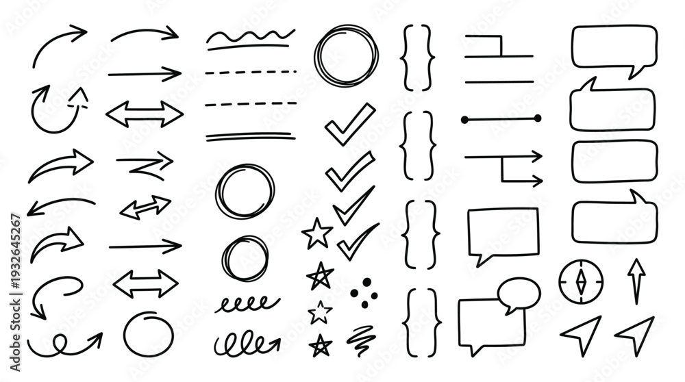 Obraz premium Hand drawn doodle arrows, lines, speech bubbles and check marks vector set