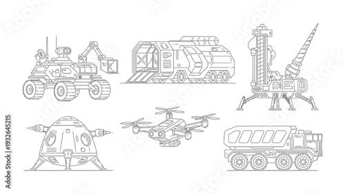 Futuristic Transport Sketch: Detailed line art showcases an array of innovative vehicles, each designed for exploration and transport, giving a glimpse into a high-tech future.