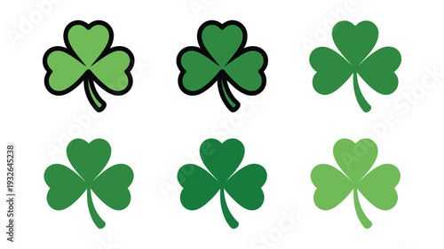 Green shamrock leaf vector illustration, different clover leaf variations