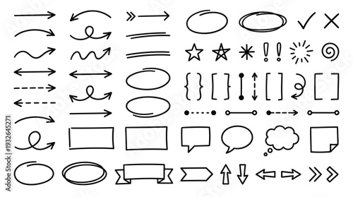 Set of black hand drawn doodle arrows, speech bubbles and punctuation icons vector