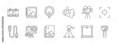 Photo studio set icon. Hanging prints, album book, ring light, spotlight, video camera, focus frame, usb cable, action camera, photo stack, tripod, backdrop stand, handheld camera.