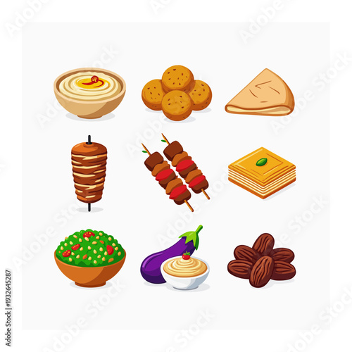 Middle Eastern Food Icons: Hummus, Falafel, Shawarma, Baklava