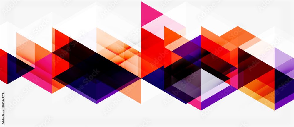 Fototapeta premium Abstract geometric pattern. Colorful triangles overlap creating dynamic visual effect. White background provides contrast. Modern design element.