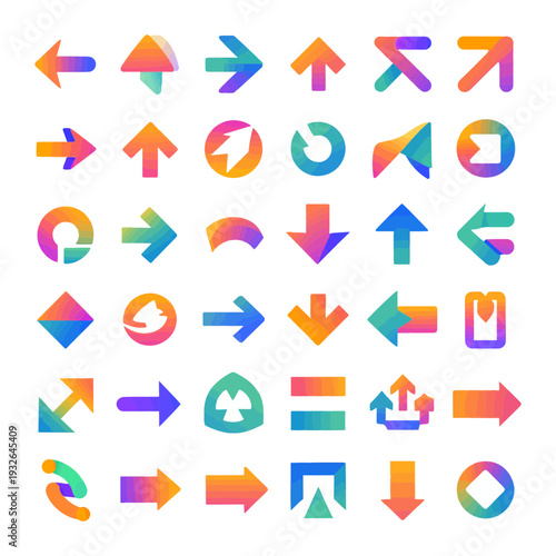 Set of colorful pixelated arrows in various directions and styles