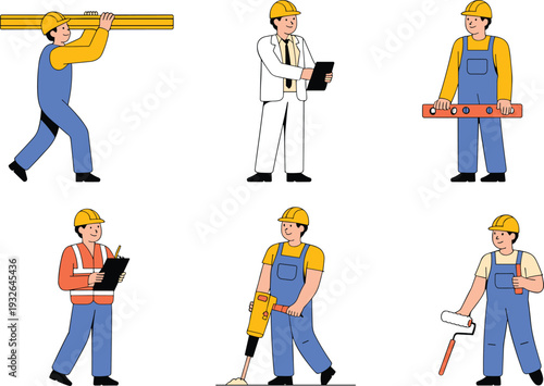 Construction Worker Character Set with Tools and Safety Helmets Flat Vector Illustration for Building and Engineering Industry