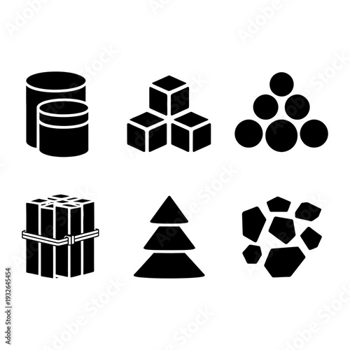 Set of black icons representing materials and resources