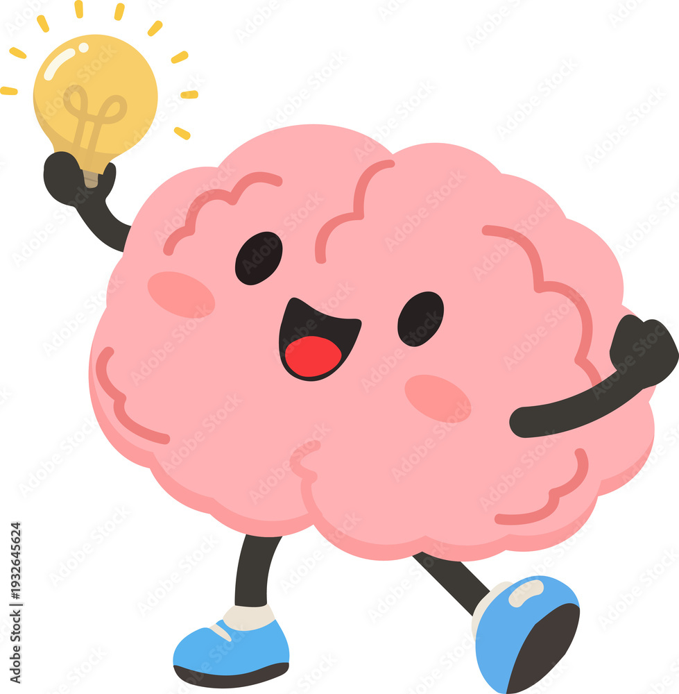 Obraz premium creative brain character raising glowing lamp with joyful expression symbolizing inspiration success and smart achievement