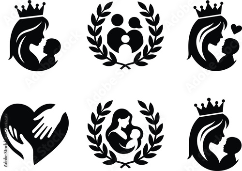 Collection of black silhouette icons representing mother and child love and family unity