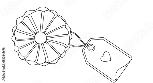 Simple line drawing depicts a round fluted pastry or cookie attached to a rectangular gift tag featuring a small heart symbol.