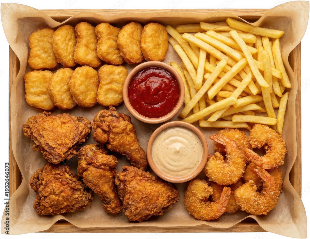 Naklejka premium Overhead view of a wooden tray filled with golden fried chicken pieces crispy breaded shrimp french fries and potato tots served with ketchup and a creamy dipping sauce chicken nuggets