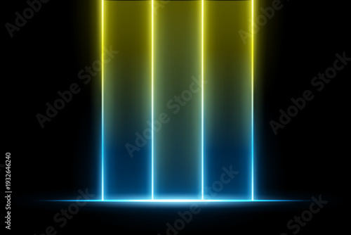 Two color vertical light beams composition. Four glowing columns with violet upper glow, warm base line, smooth gradients, dark backdrop, vibrant neon illumination atmosphere.