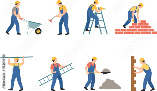 Construction Worker Task Set with Bricklaying Drilling Ladder Carrying Materials and Wheelbarrow Activities Safety Helmet Vector Illustration