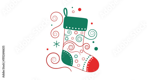 Decorative Christmas stocking illustration with swirling patterns and dots in festive red, green, and white.