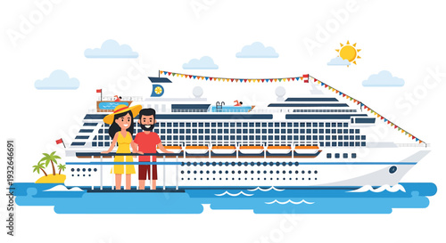 Vector illustration of a cruise ship with couple