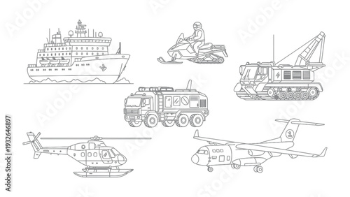 Fleet of Transport: A detailed illustration showcasing a fleet of diverse transportation, ready for any mission. Each mode of transport is precisely rendered, with intricate details.
