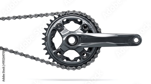 A bicycle chain and gear system on a white background.