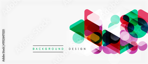 Abstract geometric shapes overlap, creating vibrant colorful background. Minimalist design features translucent elements, modern aesthetic.