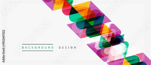 Abstract geometric shapes overlap, creating vibrant diagonal pattern. Modern design utilizes bright colors, simple forms.