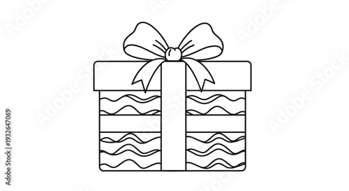 Simple line art drawing of a wrapped gift box topped with a large decorative ribbon and a perfectly tied bow.