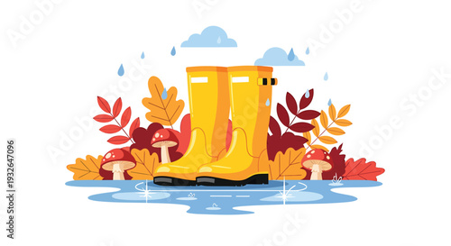Vector illustration of yellow rain boots in puddle with autumn leaves