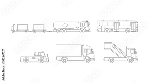 Fleet of Airport Vehicles: A streamlined illustration of diverse airport vehicles, meticulously depicted, showcases the essential components required for airport operations and ground support.