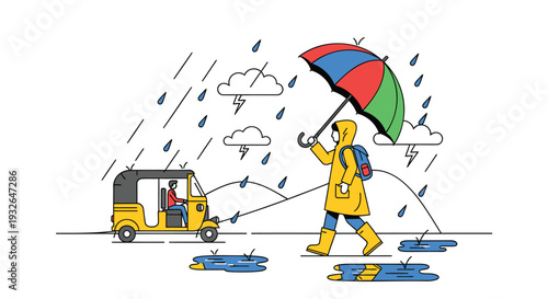 Vector illustration of a person in rain gear with umbrella and tuk-tuk