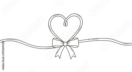 Delicate line art of a long ribbon tied in a central bow that forms a large heart shape with its two flowing loops.