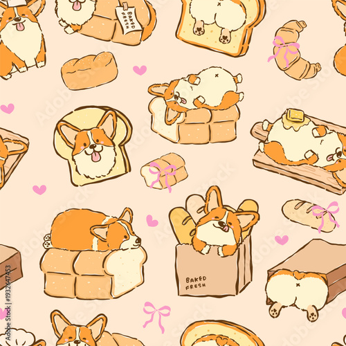 Kawaii Corgi Sploot Bread Loaf Seamless Pattern Cute Dog Bakery Doodle Whimsical Repeating Background