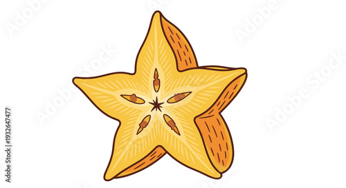Cross section slice of a yellow starfruit showing the internal star shape and seeds in a detailed hand drawn style.