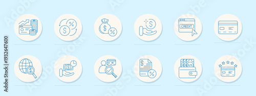 Credit finance set icon. Minimal line badges, chart card, percent arrows, money bag, coin hand, credit web window, bank card, search, customer check, bill percent, wallet cash, star rating card.