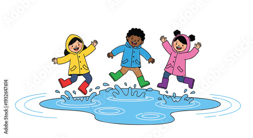Set of 3 kids jumping in puddle vector illustration