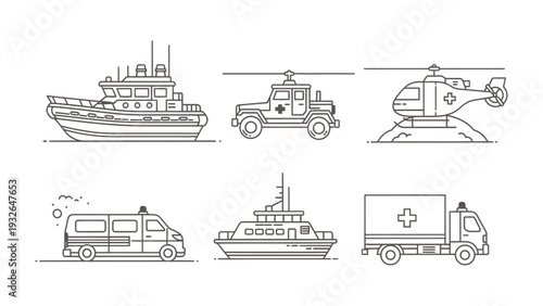 Emergency Fleet: An array of emergency vehicles, including an ambulance, rescue helicopter, and boat, is poised to respond to any urgent call for help. A symbol of community health and care.