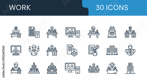 Collection of 20 line icons depicting various workplace and office settings