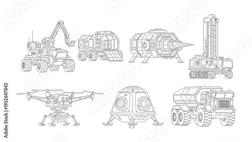 Technological Marvels: Detailed sketches showcase a collection of innovative, futuristic vehicles and equipment, poised to reshape the landscape of tomorrow. 