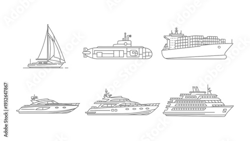 Marine Vessels in Vector Art: A collection of diverse marine vessels, rendered in a sleek vector style, highlighting the intricacies of each design.