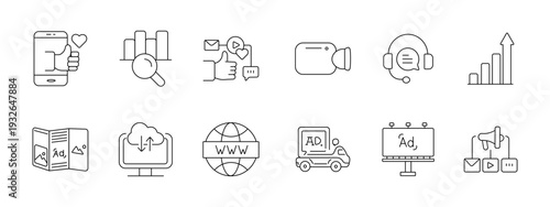 Marketing media advertising set icon. Smartphone analytics like video tag headset chart newspaper cloud web truck billboard depict promotion digital campaign communication.