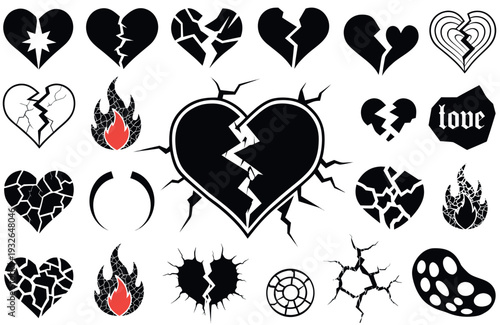 Gothic love icon set with broken heart symbol