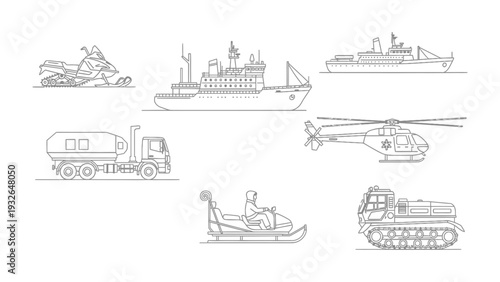 Transportation Fleet in Outline: A diverse fleet of vehicles, rendered in precise outline form, ready to navigate any terrain, featuring sea, air, and land transportation. 