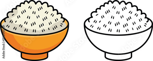 Bowl of white rice in orange ceramic bowl and line art version, healthy organic grain, food flat vector illustration.
