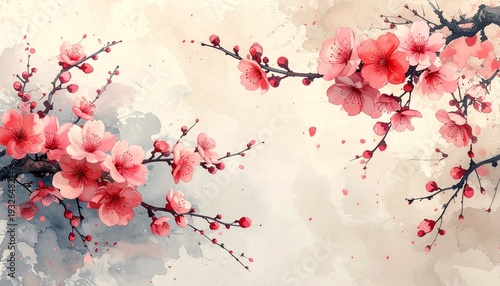 水彩風の桜の枝と淡い背景の和モダンなバナー背景