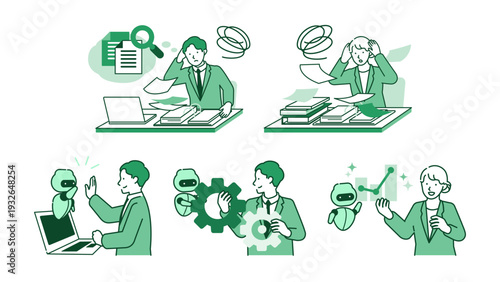 Line art set of business people troubled by workplace problems and successfully solving tasks through AI technology and digital transformation efficiency